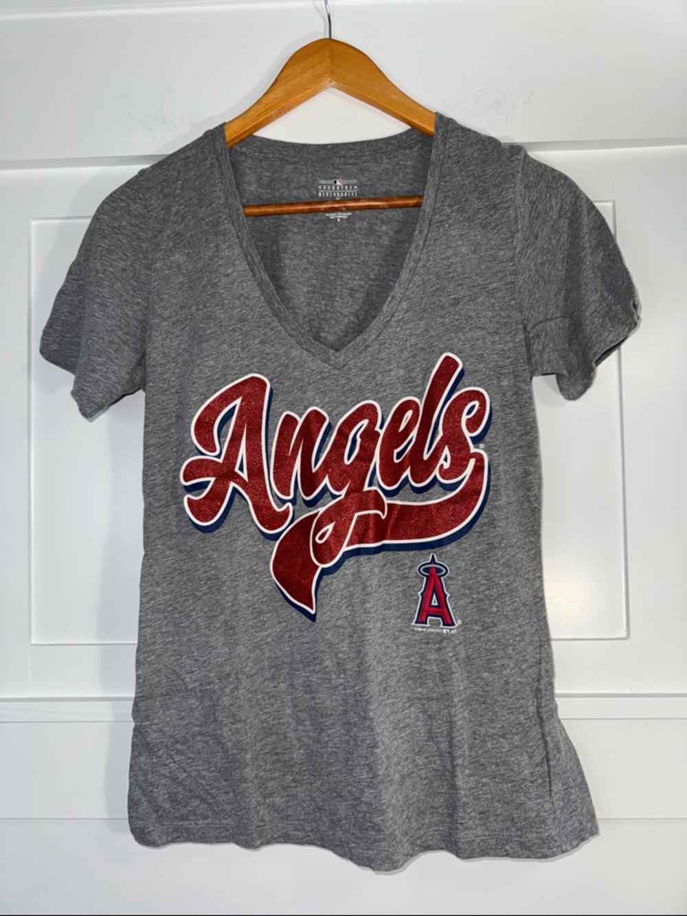 Angels Gray V-Neck Tee with Red Logo size Medium